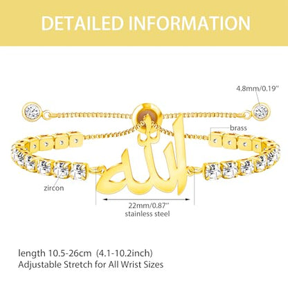 Allah Bracelet for Men and Women, Zircon Tennis Chain Adjustable Low Sensitivity Islamic True God Jewelry for Husband Wife Mom Dad's Religious Belief Gift - color: gold