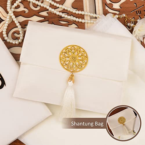 BABY SHOWER CHOCOLATE Prayer Rug Islamic Gift Set, Velvet Prayer Mat, Prayer Beads, Scarf and Yaseen Book, Perfect Family and Muslim Eid Gifts (White) - color: White