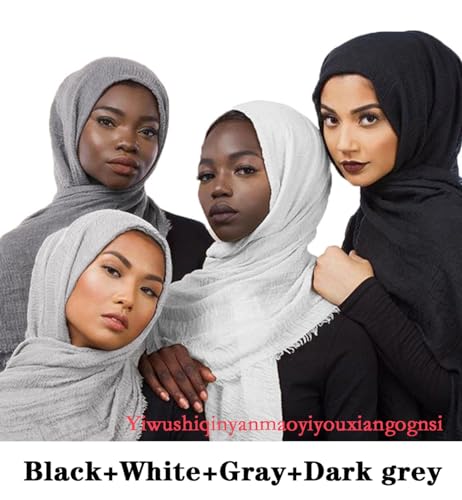 QYMY 4pcs Set Hijab Muslim Head Scarf Solid Color Long Scarf Wrap Scarves Cotton Scarf for Women Fashion L70.7*W35.4 inch QY414 (Black+White+Gray+Dark grey(4pcs set))Medium