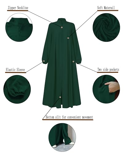 Womens Abaya Muslim Long Sleeve Front Zipper Dress Prayer Islamic Clothes with Pockets - color: Dark Green, size: Small