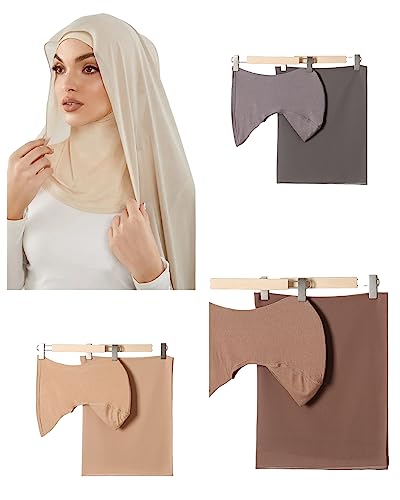 Muslim Chiffon Shawl Hijab with Matching Undercap Neck Full Cover Hijab Underscarf Wrap Scarves Turban - color: Dgrey Khaki Tan