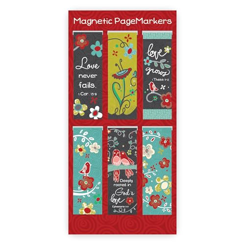 Christian Art Gifts Magnetic Scripture Bookmark Set with Bible Verse: God's Love Never Fails - Inspirational Magnetic Pagemarkers Set of 6 for Bible and Books, Floral Themed Bookmark, Size 2.3" x 0.8" - color: God's Love