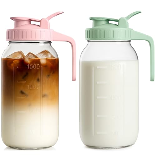 Mason Jar Pitcher Set of 2, 64oz (2quart) Glass Pitcher with Lid for Tea | Airtight, Leak proof, Ergonomic Handle, Pour Spout Lid, Fridge Safe, for Sun Tea, Iced Tea, Cold Brew, Lemonade, Outside - color: Green & Pink, size: 64 Ounces