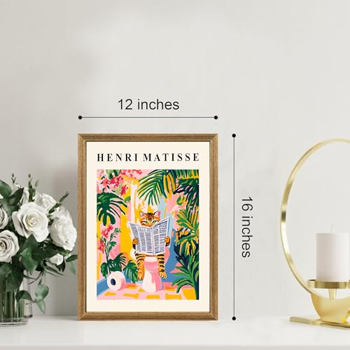 ICHZUMW Framed Funny Tabby Cat Matisse Canvas Bathroom Wall Art, 12x16 In - color: Matisse Reader, size: 16"L x 12"W
