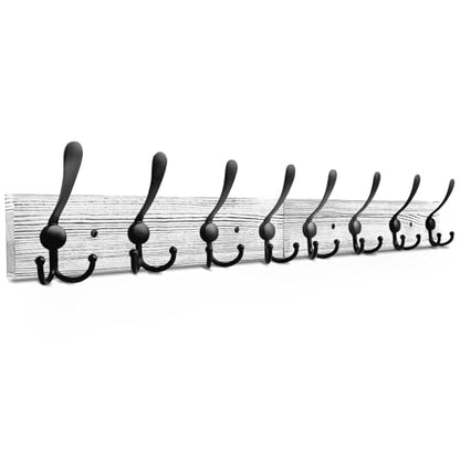 IBosins Wall Mounted Coat Rack, 31.4'' Long, Rustic Wood & Aluminum Coat Rack with 8 Black Tri-Hooks for Coat, Bag, Towel, Key, Hat, Umbrella - color: Old White
