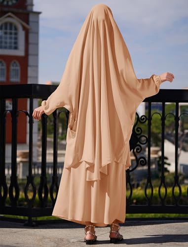 Abayas for Women Muslim Chiffon Prayer Burqa Dress Burkas for Women Muslim Hijab Dress Full Length Islamic Veil Abaya Set - color: Khaki-loose
