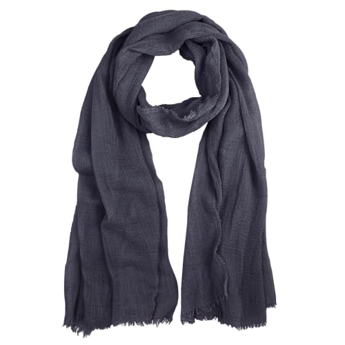 Summer Cotton Blend Crinkle Vintage Soft Scarf with Fringed Edges 35" × 70" - color: Washed Gray