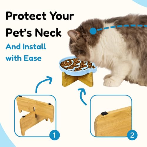Elevated Slow Feeder Cat Bowl with Stand, 6.3''Ceramic Fish Maze Cat Food Bowl, Raised Whisker Friendly Wide Shallow Cat Dish for Wet & Dry Food, Non Slip Puzzle Feeder for Cats & Small Dogs (Blue) - color: Blue with Stand