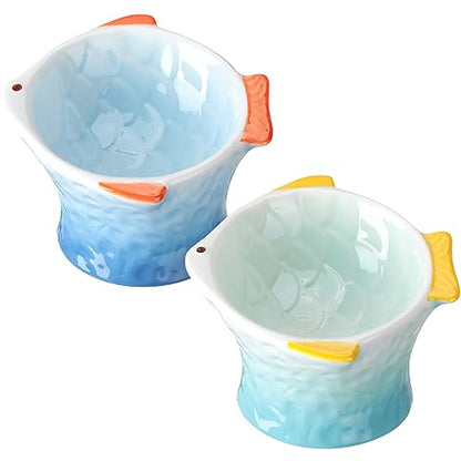 Tioncy 2 Pcs Raised Tilted Ceramic Cat Food Bowl Fish Shape Cute Elevated Slanted Shallow Angled Cat Dish Non Slip Feeder Bowl for Anti-Vomiting and Whisker Fatigue(Blue, Green) - color: Blue, Green