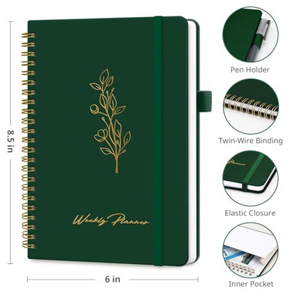 Taja Undated Weekly Planner, Weekly To Do List Notebook with Goal & Habit Tracker Organizer, A5 Weekly Planner Notebook with Spiral Binding, 6.1" x 8.2" - Dark Green - color: n.Dark Green