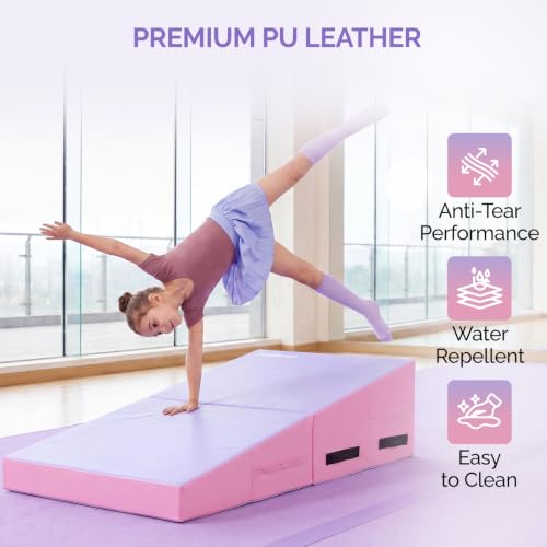 Folding Gymnastics Cheese Wedge Incline Mat, Gym Fitness Tumbling Skill Shape Mat for Kids Girls Home Training Exercise - color: Light Pink + Light Purple