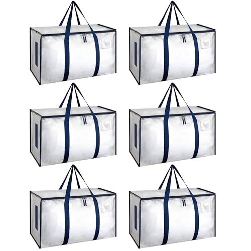 HealSmart 6 Pack Large Moving Bags with Zippers & Handles, Moving Supplies with lids, Heavy Duty Totes for Space Saving, Fold Flat, Moving and Storing, Clear - color: Clear, size: 6-Pack, style: Carrying Handle
