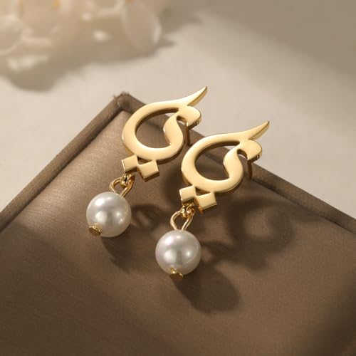 Arabic-Inspired Gold Earrings with Pearl Drop – Unique Script Design, Elegant Jewelry for Women, Customizable Initials,Gift for Birthday, Anniversary, Valentine’s Day (ر)
