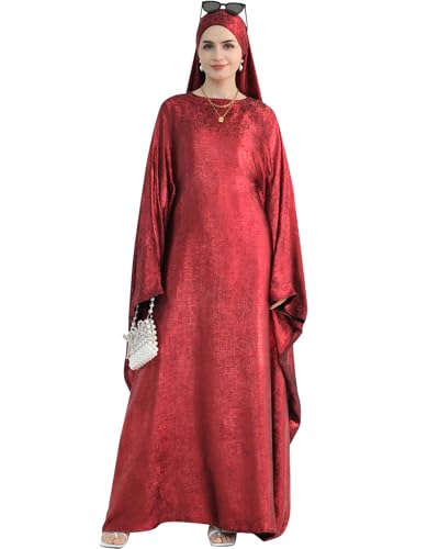 Luxury Dubai Style Abaya and Hijab Set, Breathable Modest Prayer Dress with Belt Loose Fit Muslim Robe - color: Pomegranate Wine, size: Medium(1)