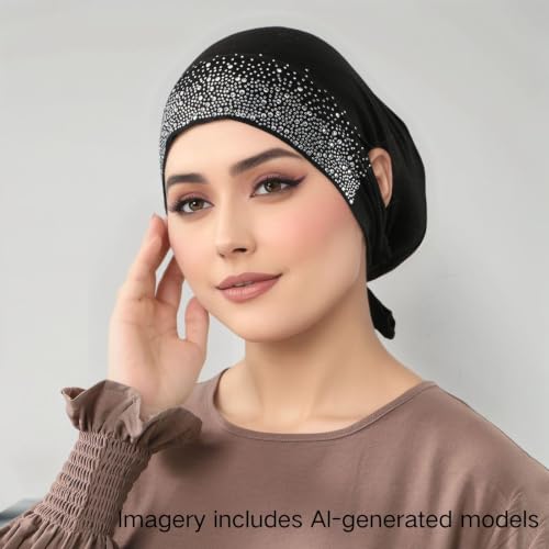 Muslim Hijab Undercap Rhinestone Embellished Turban Head Wrap for Women Jersey Inner Cap with Ear Holes - color: Black