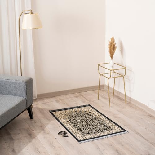 Muslim Prayer Rug with Islam Prayer Beads - Travel Prayer Mat, Islamic Gifts for Women, Portable Prayer Matt Islam, Islamic Prayer Rug Islam Men Women, Praying Mat for Muslim Gifts, Black - color: Black