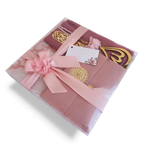 SAIKA Muslim Prayer Rug, 7 in One Gift Set, Prayer Mat Surah Book, Tasbeeh, Scarf, Surah Case, Bookmark, Car Mirror Hanger, Prayer Beads,Islamic Gift for Umrah, Hajj, Wedding, Janamaz (Rose) - color: Rose