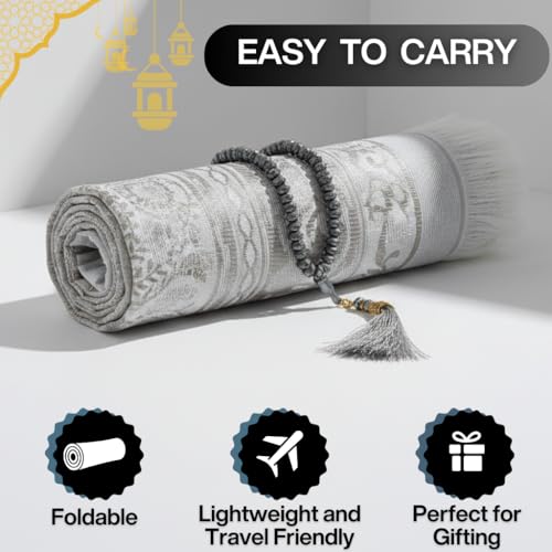Muslim Prayer Rug with Islam Prayer Beads - Travel Prayer Mat, Islamic Gifts for Women, Portable Prayer Matt Islam, Islamic Prayer Rug Islam Men Women, Praying Mat for Muslim Gifts, Gray - color: Grey