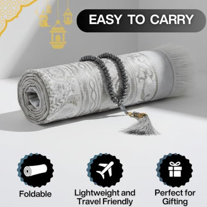 Muslim Prayer Rug with Islam Prayer Beads - Travel Prayer Mat, Islamic Gifts for Women, Portable Prayer Matt Islam, Islamic Prayer Rug Islam Men Women, Praying Mat for Muslim Gifts, Gray - color: Grey