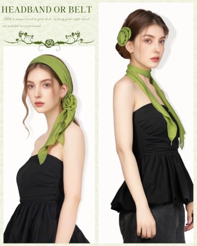 Chiffon Scarf for Women, Removable Flower Neck Scarf Light Soft Fashion Rose Scarves Versatile Headband or Hair Band - color: Dark Green