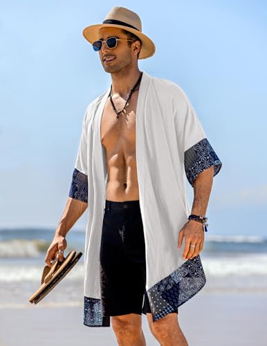 COOFANDY Men's Ruffle Shawl Collar Lightweight Cardigan Long Kimono Jackets Open Front Drape Cape Coat - color: White, size: Large