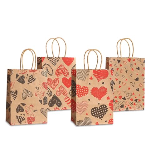piqiya 24pcs Valentine Gift Bags Bulk,Kraft Paper Gift Bag with Handle,Valentines Gift Bags for Gift Wrapping,Anniversary,Valentine‘s Day Party - color: mix heart
