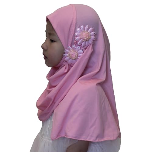 Soft Instant Hijab for Kids Girls Muslim Headscarf Islamic Scarf Shawl Wrap with Flowers - color: Pink-2 Flowers
