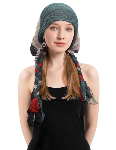 ZLYC Chemo Headwear Long Pre Tied Head Scarf Beanie for Women - color: Braid Dark Green and Beige