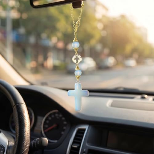 Cross Crystal for Rear View Mirror, Car Mirror Hanging Accessories, Cute Car Charm, Car Decoration Cross Ornament Christian Gift for Women, Car Decor Drive Safe Gift for Drivers (1, Moonlight Blue) - color: Moonstone Blue
