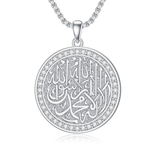 Islamic Pendant Necklace for Men Women Sterling Silver Allah Necklace Muslim Islam Pendant Jewelry Gift for Father Men Women - 22+2 In Stainless Steel Chain