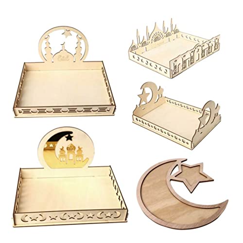 Ramadan Mubarak Fruit Racks,Eid Tray Ramadan Serving Tray Wooden Star Moon Dessert Pastry Tray Eid Tableware for Food Holder 2PCS Islamic Gifts