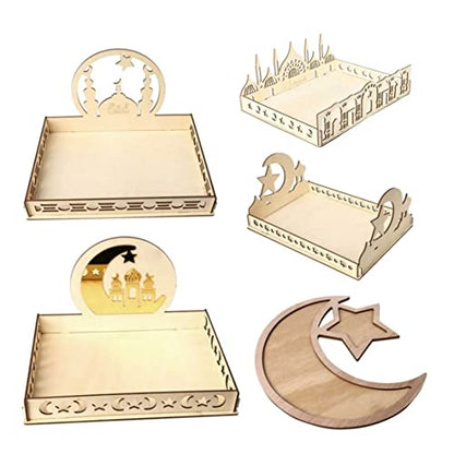 Ramadan Mubarak Fruit Racks,Eid Tray Ramadan Serving Tray Wooden Star Moon Dessert Pastry Tray Eid Tableware for Food Holder 2PCS Islamic Gifts