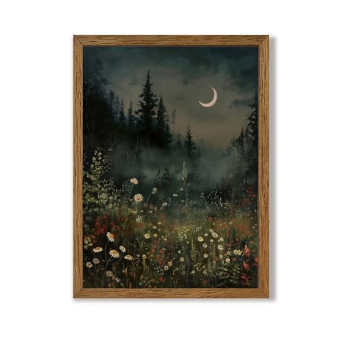 Urmoya Vintage Gothic Moonlit Forest Nature Flowers Wall Art, 12x16 Inch - color: Moonlit, size: 16"L x 12"W