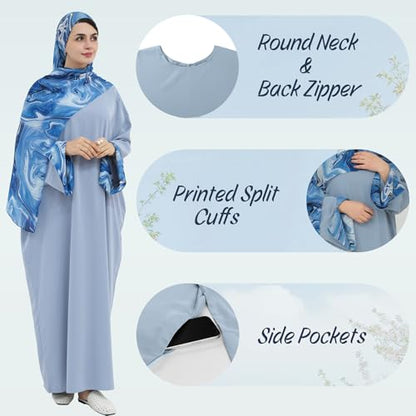 Printing Long Sleeve Abaya with Zipper for Women Dubai and Turkey Robe Spring and Summer Loose and Causual Dress - color: Blue+hijab, size: X-Large