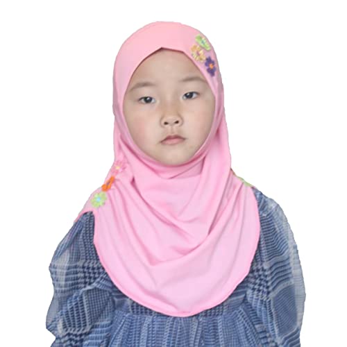 Girls Instant Hijab – Soft Kids Muslim Scarf with Flower, Breathable One-Piece Headscarf for Toddlers Age 2-8 - color: Pink