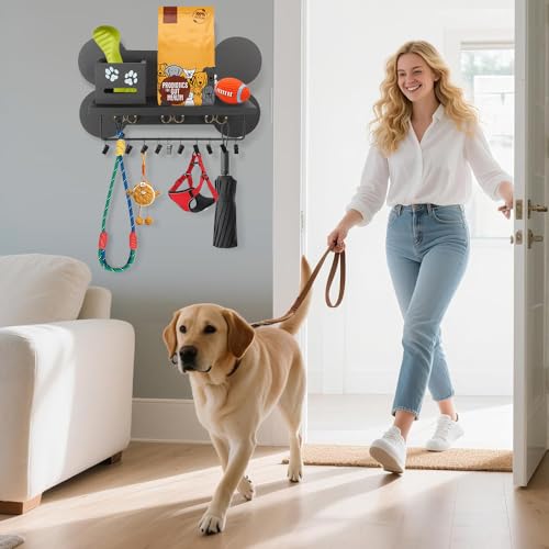 Wood Dog Leash Holder for Wall, Key Hangers with 3 Double Key Holder for Wall, Dog Stuff Organizer and Doggie Bone Key Hooks Wall Mount for Entryway, Farmhouse Treats, Black
