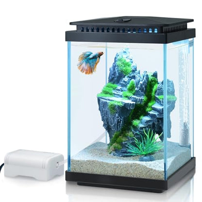 Small Glass Aquarium, 1 Gallon Desktop Fish Tank, Betta Fish Tank, Mini Aquarium Starter Kit with Air Pump LED Light Decoration Water Changer Fish Net (Black) - color: Black