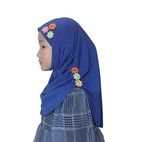 Girls Instant Hijab – Soft Kids Muslim Scarf with Flower, Breathable One-Piece Headscarf for Toddlers Age 2-8 - color: Blue