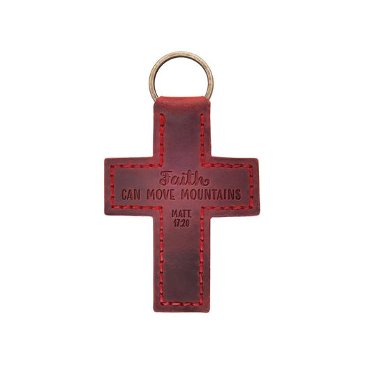 Logos Trading Post Leather Keychain - Hand-Stitched Genuine Cowhide Leather Keychain Strap - color: Faith Can Move Mountains