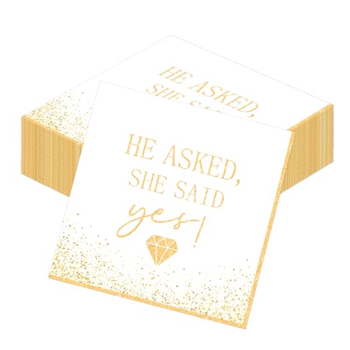 She Said Yes Decorations - 100 Pcs White and Gold Engagement Party Napkins Decorations, He Asked She Said Yes Wedding Bridal Shower Party Supplies for Women Men 6.5 x 6.5 Inches - color: She Said Yes