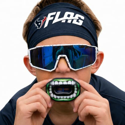 Oral Mart Flag Football Mouth Guard with 3D LipFit Design for Kids - Youth Football Mouthguard (No Boil) Cool Instant Fit Lip Guard Mouthpiece for Braces (Detachable Helmet Strap Included) - color: Green Monster