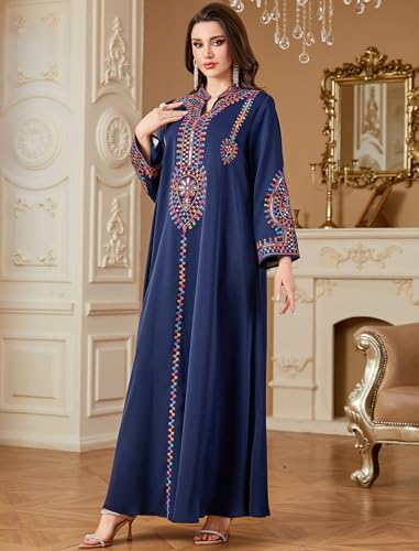 ABEWIP Muslim Dresses for Women Ramadan Kimono Long Sleeve Embroidered Islamic Prayer Dress Turkey Dubai Eid Abaya Kaftan - color: Navy Blue, size: XX-Large