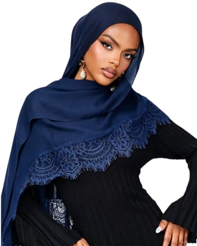 JUMISEE Elegant Floral Lace Hijab Scarf for Women Soft Cotton Head Wrap Instant Hijab Long Scarves Evening Dress Shawl - color: Dark Blue