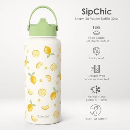 Lemon Water Bottle Stainless Steel 32oz with Lid & Straw, Insulated Bottles Gifts for Women Girls Friends Teens Birthday Christmas - color: Lemon