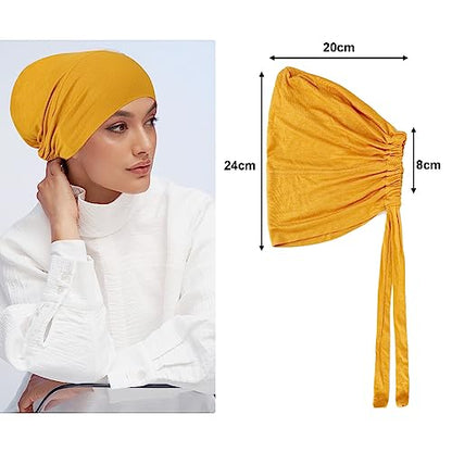 PHOGARY 4 Pcs Women Hijab Undercap, Islamic Muslim Under Hijab Cap Inner Under Scarf Hat Turban with Tie Back Closure - color: Turmeric, Earthy Yellow, Olive Green, Light Gray