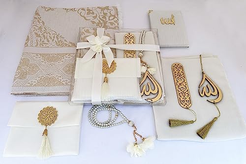SAIKA Muslim Prayer Rug, 7 in One Gift Set, Prayer Mat Surah Book, Tasbeeh, Scarf, Surah Case, Bookmark, Car Mirror Hanger, Prayer Beads,Islamic Gift for Umrah, Hajj, Wedding, Janamaz (Cream) - color: Cream