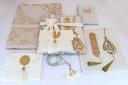 SAIKA Muslim Prayer Rug, 7 in One Gift Set, Prayer Mat Surah Book, Tasbeeh, Scarf, Surah Case, Bookmark, Car Mirror Hanger, Prayer Beads,Islamic Gift for Umrah, Hajj, Wedding, Janamaz (Cream) - color: Cream