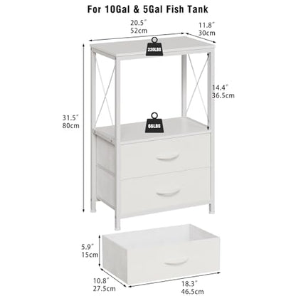 Fish Tank Stand 10 Gallon with 2-Tier Shelf, Aquarium Stand with 2 Drawers, Metal Frame Heavy Duty Reptile/Turtle Tank Stand for Home Office, Fish Tanks Accessories Storage, White - color: White