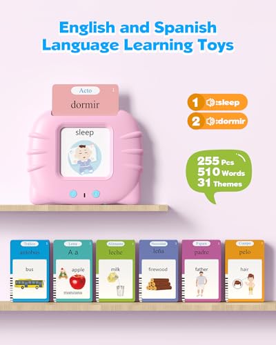 Airbition Bilingual Pink Spanish and English Talking Flash Cards, Pocket Speech Therapy Toy with 510 Words, Montessori Language Learning Toy, Children's Sensory Learning Kits - style: 510 Words English & Spanish Pink