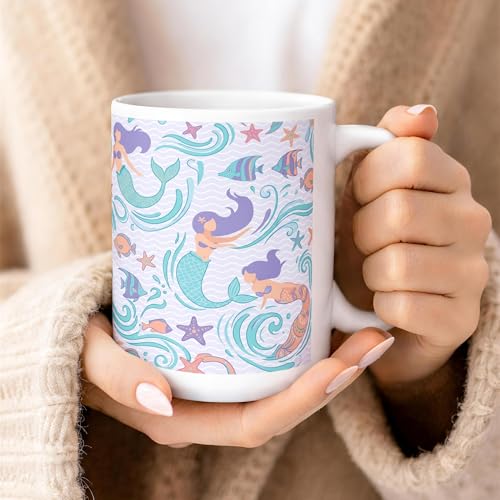 Mermaid Ceramic Coffee Mug, Underwater Playful Fish Starfish Summer Aqua Novelty Work Drinking Mugs with Handle Ideal for Friendship Family Colleague Staff Sweetheart Teachers 15 Oz - size: 15 Ounces